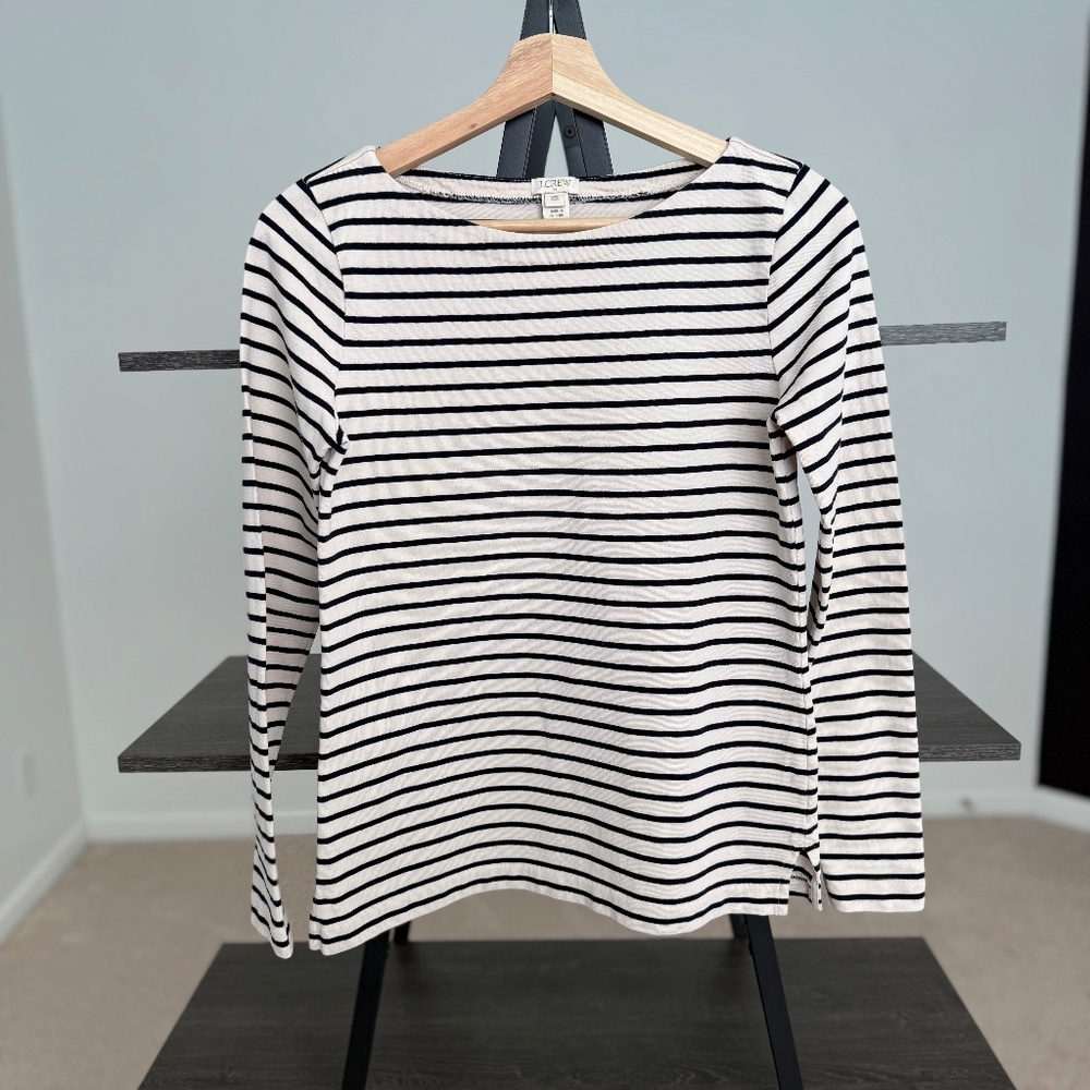 J. Crew XS Cream & Black Striped Boatneck Cotton Top